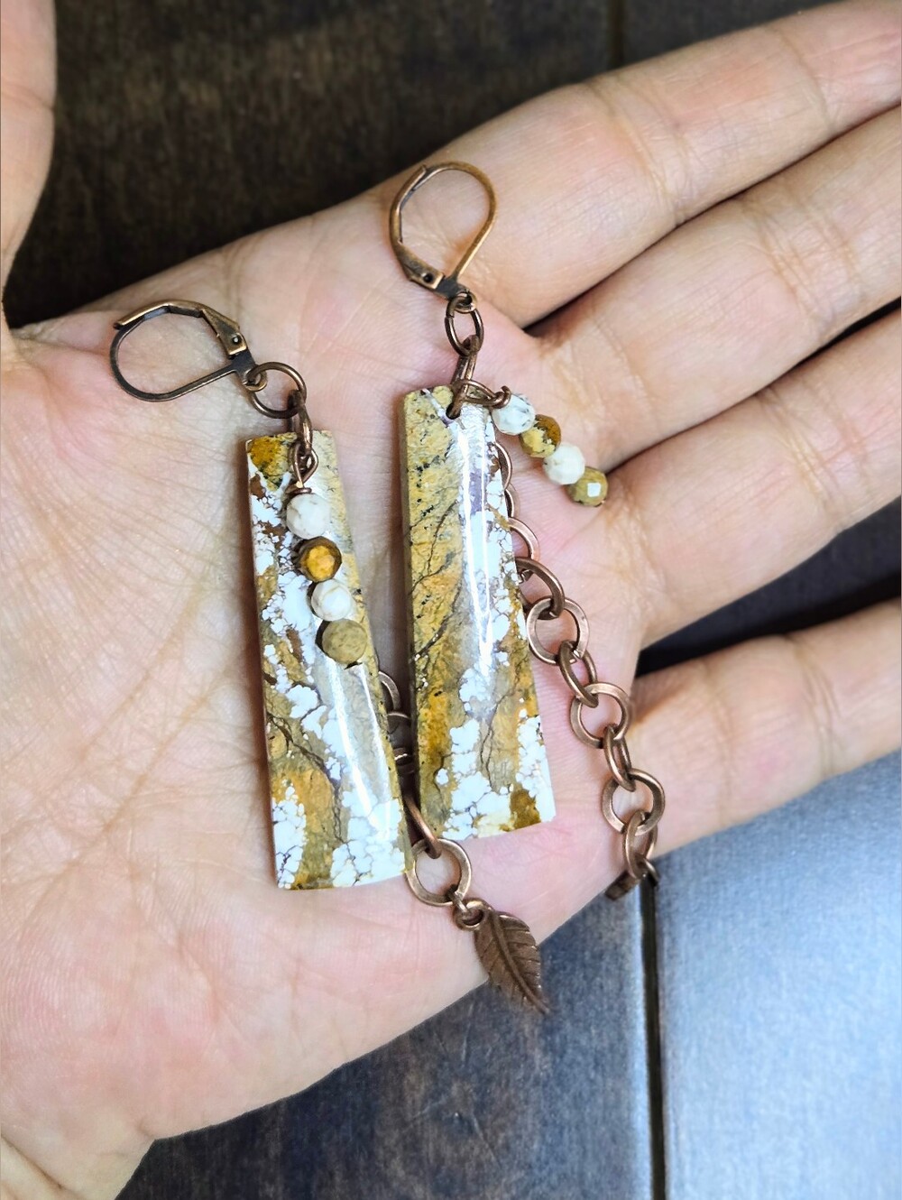 Natural Wild Horse Jasper In Rustic Artisan Handmade Statement Copper Earrings - Picture 8 of 8